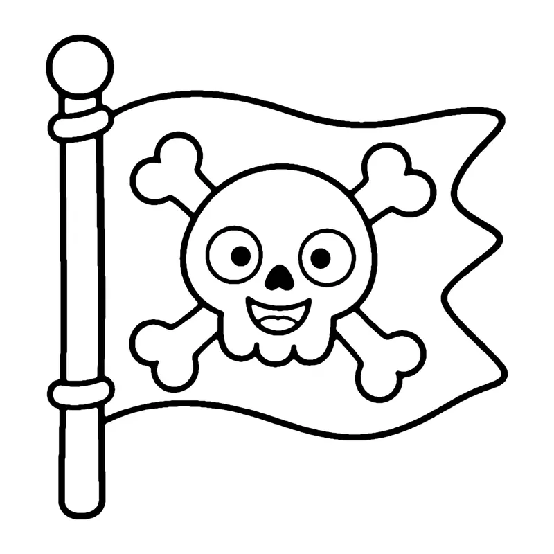 Line drawing of a pirate flag with a cartoon skull and crossed bones waving on a pole