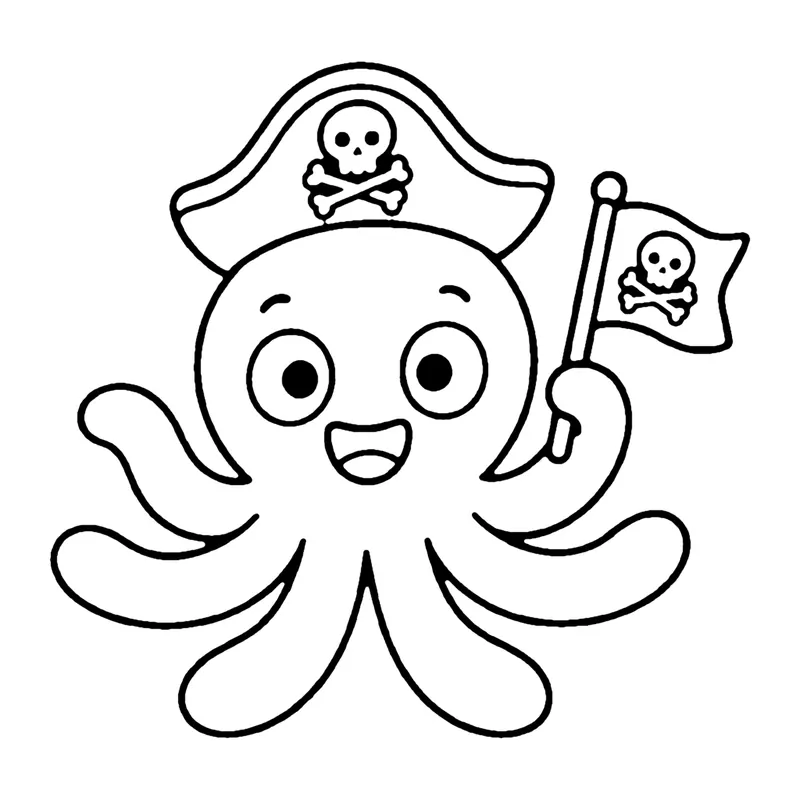 Line drawing of a smiling octopus in a pirate hat waving a small pirate flag
