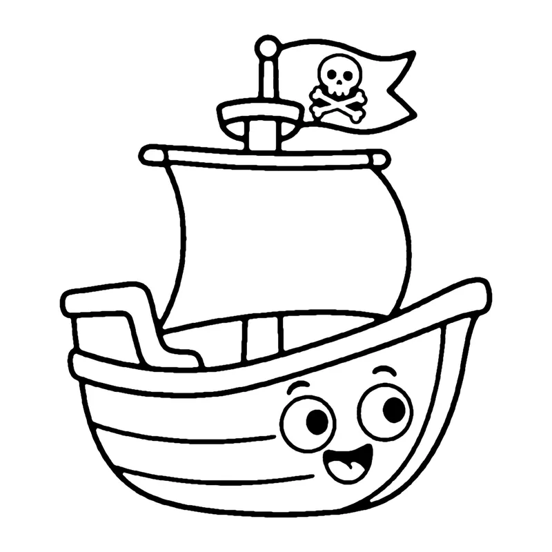 Line drawing of a smiling wooden pirate ship with a big sail and a flag on the mast
