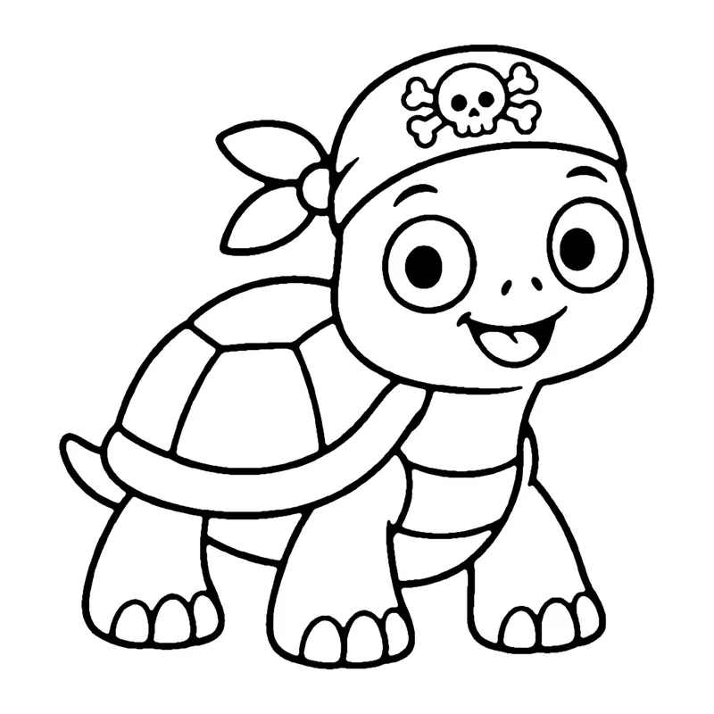 Line drawing of a smiling turtle wearing a pirate bandana with a skull on it