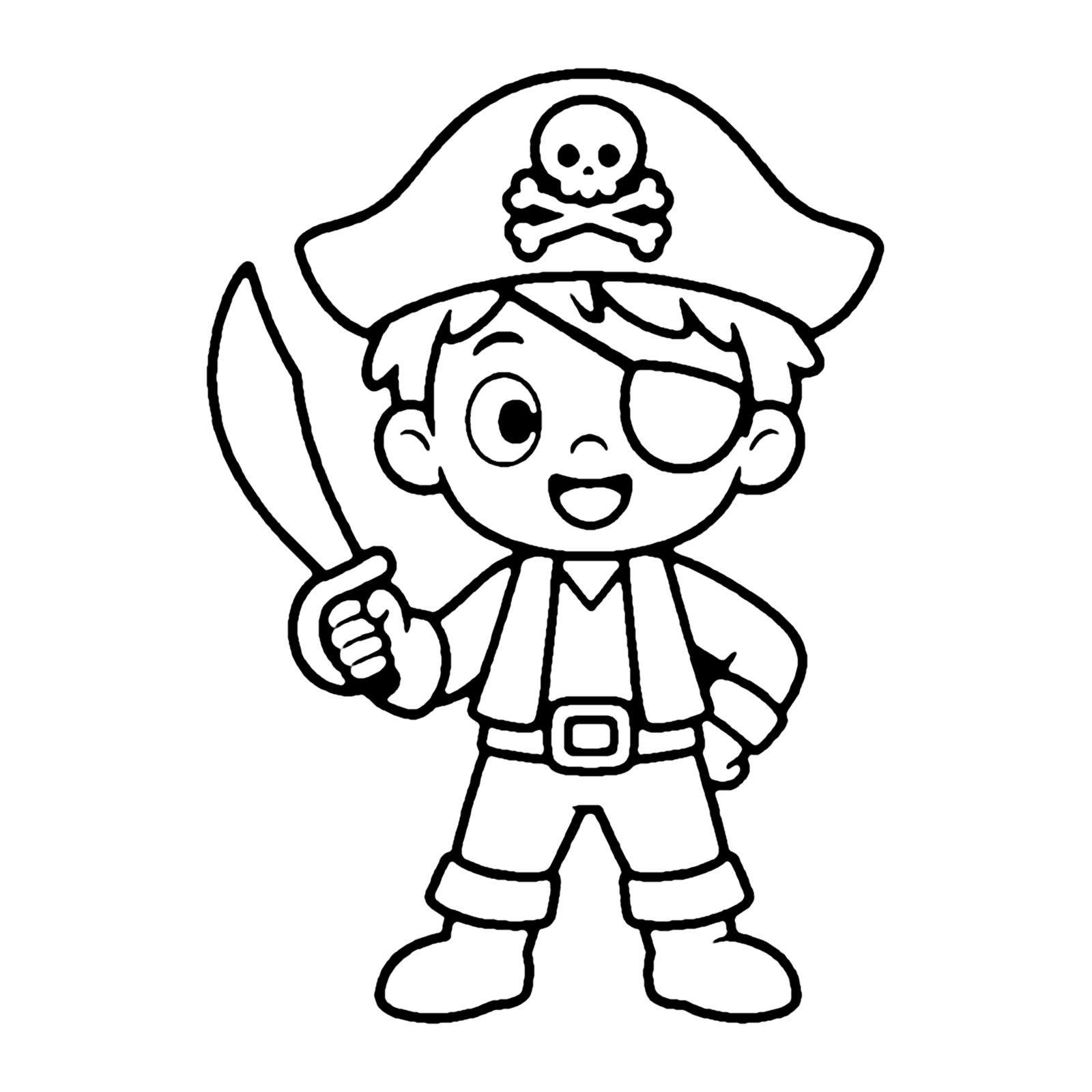 Line drawing of a young pirate with an eye patch, a tricorn hat and a curved sword