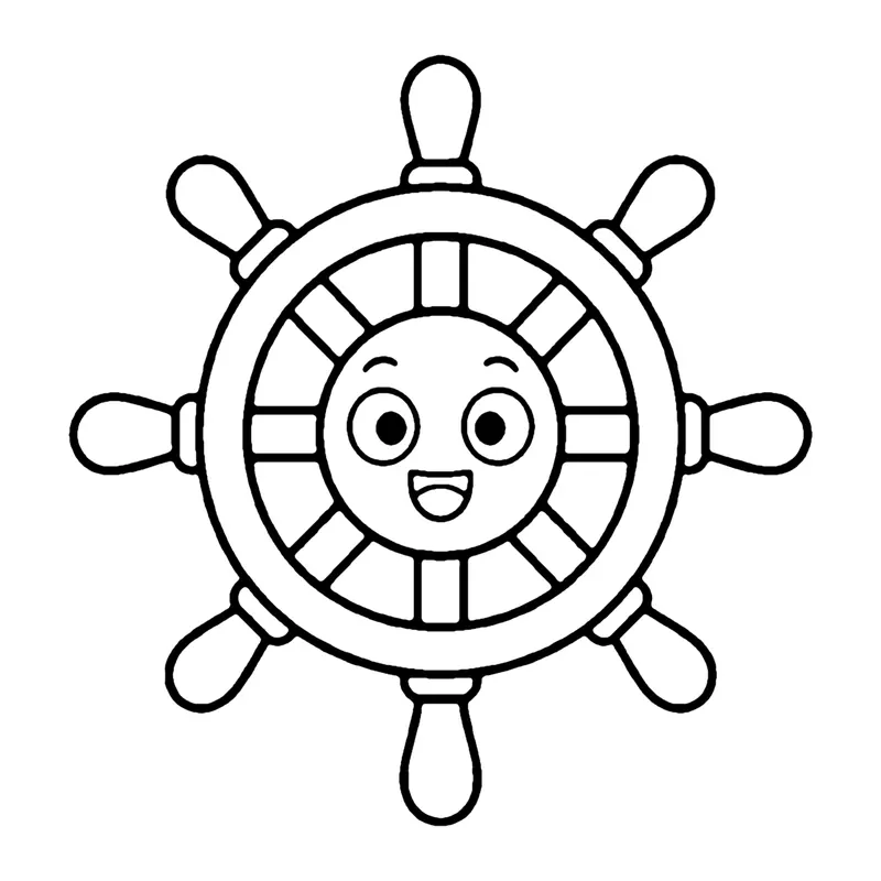 Line drawing of a smiling wooden ship's wheel with spokes and round handles