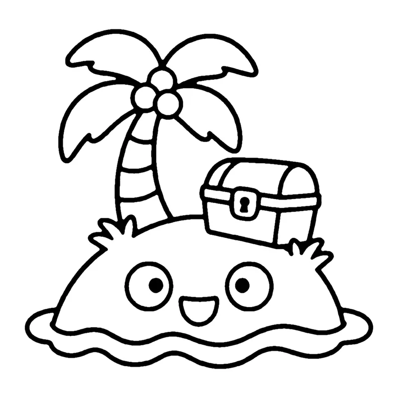 Line drawing of a smiling little island with a palm tree and a treasure chest
