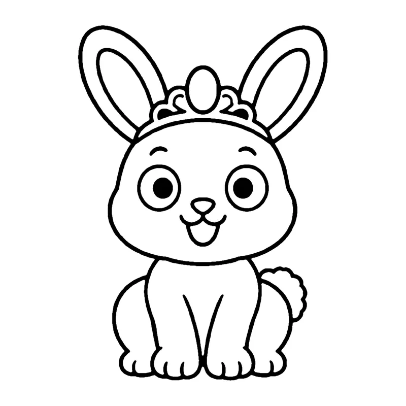 Line drawing of a smiling bunny with long ears and a fluffy tail wearing a small jeweled tiara