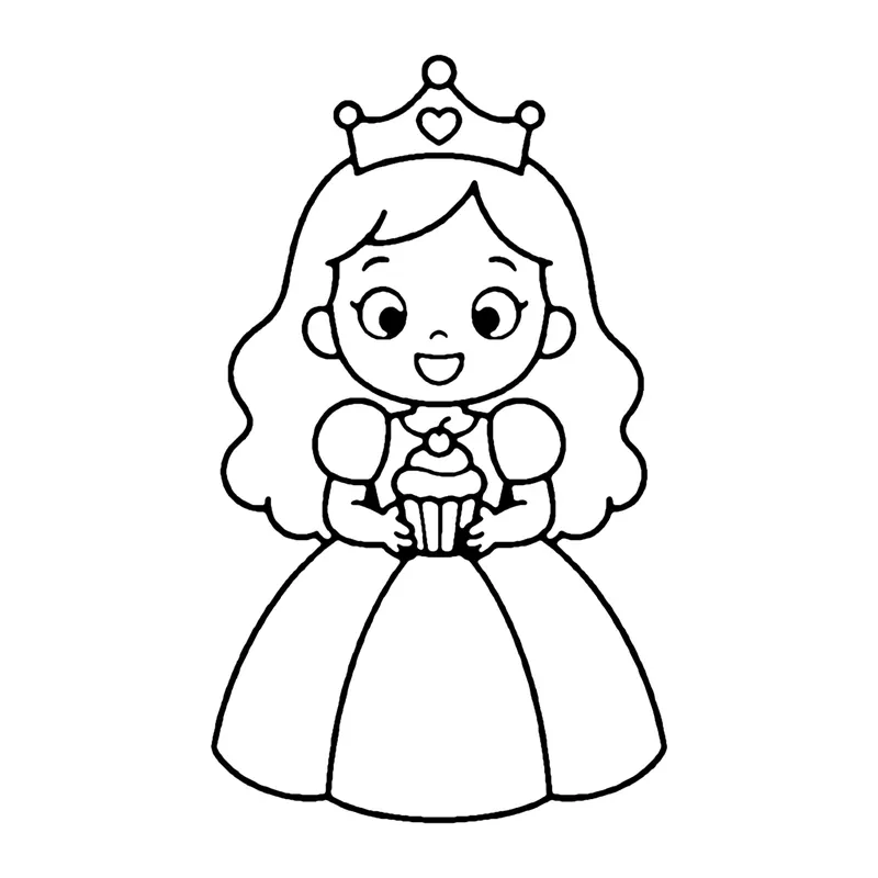 Line drawing of a princess in a crown and puffy gown holding a small frosted cupcake