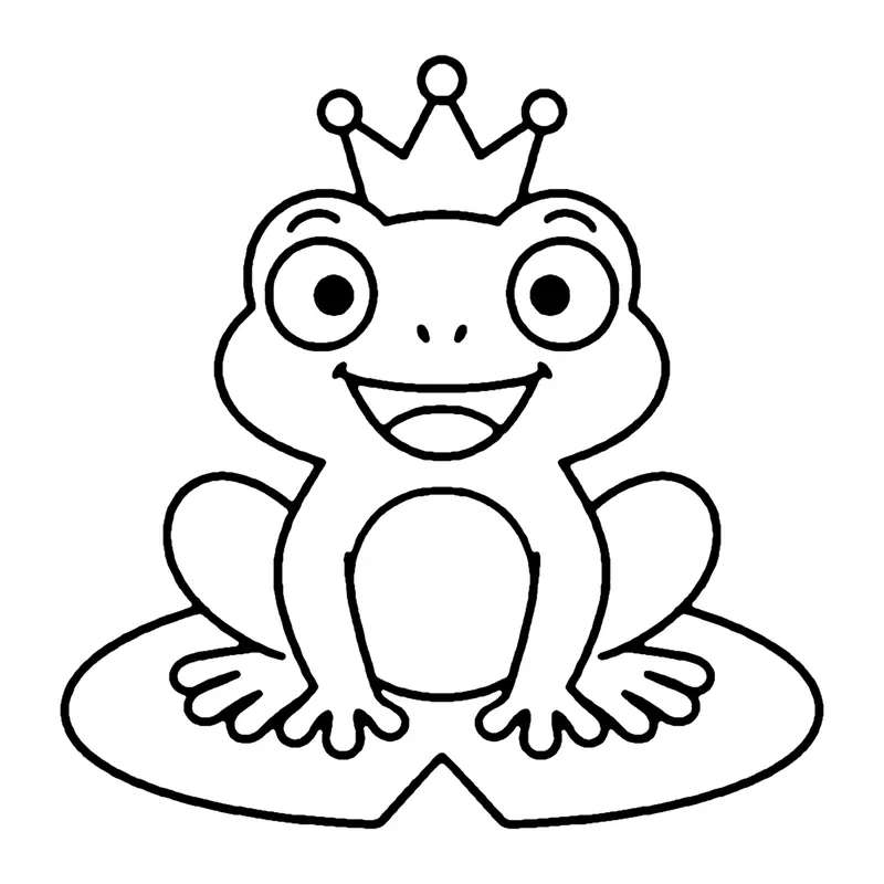 Line drawing of a grinning frog wearing a small crown sitting on a lily pad