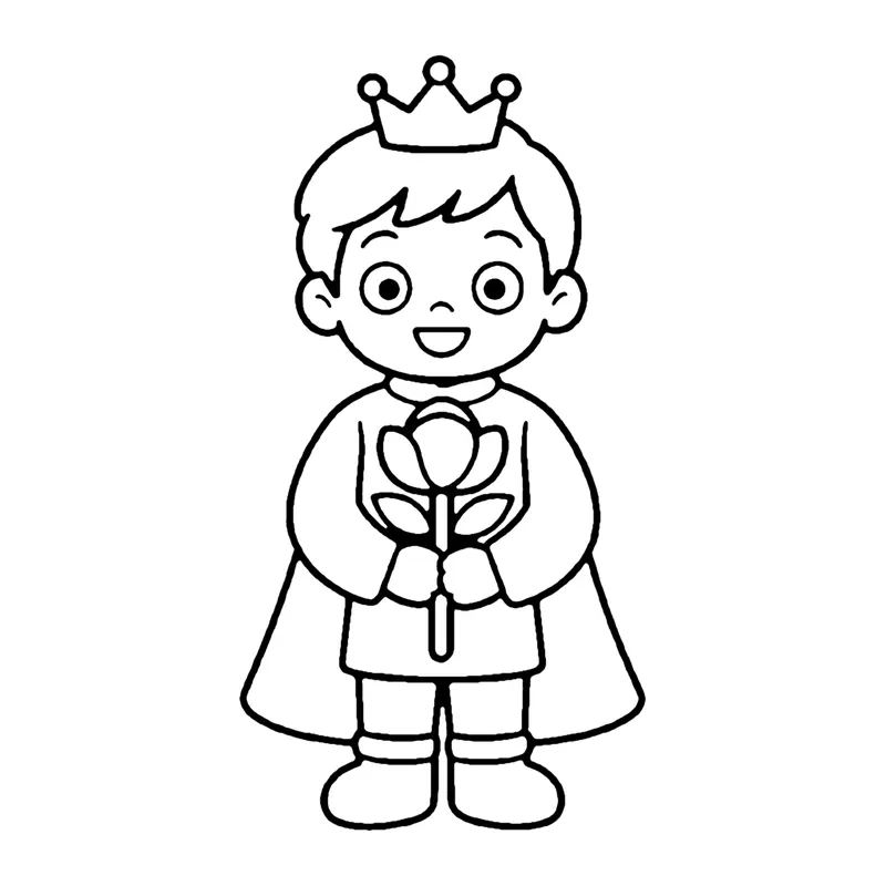 Line drawing of a young prince with a small crown and a cape holding a single rose