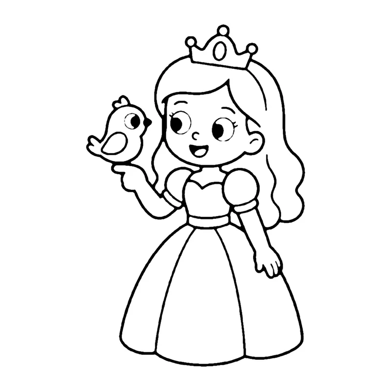 Line drawing of a princess in a crown with a small bird perched on her raised hand