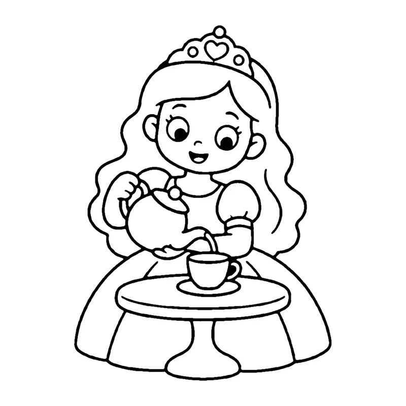 Line drawing of a princess pouring tea from a teapot into a cup on a small round table