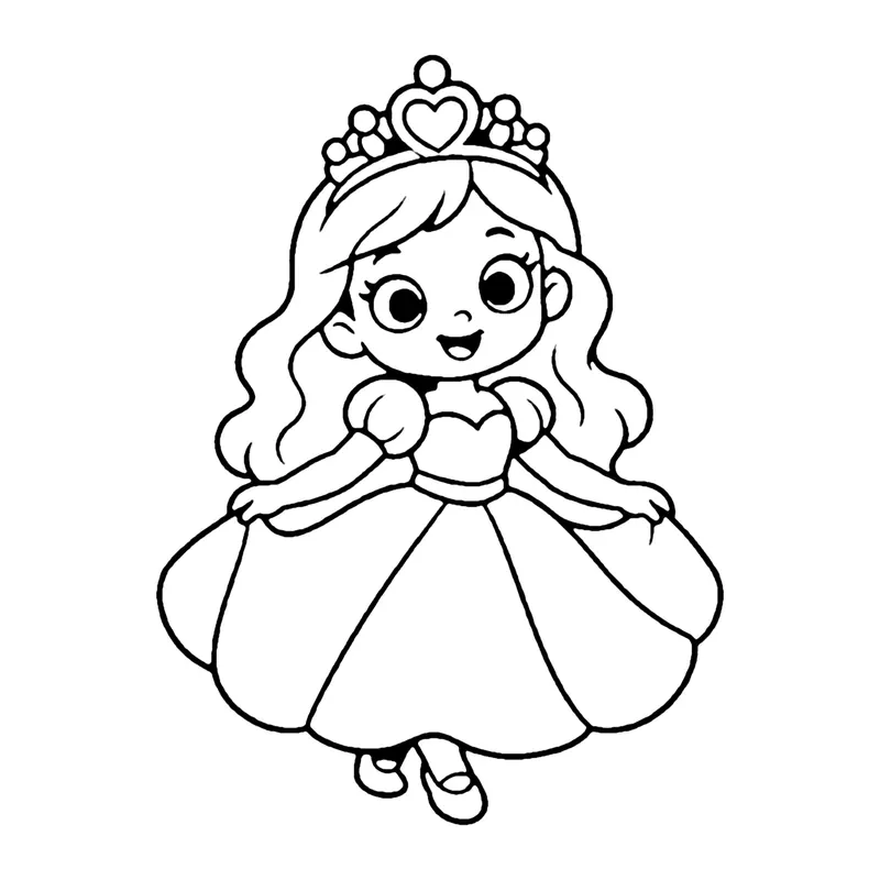 Line drawing of a smiling princess with long wavy hair, a heart tiara and a full ball gown
