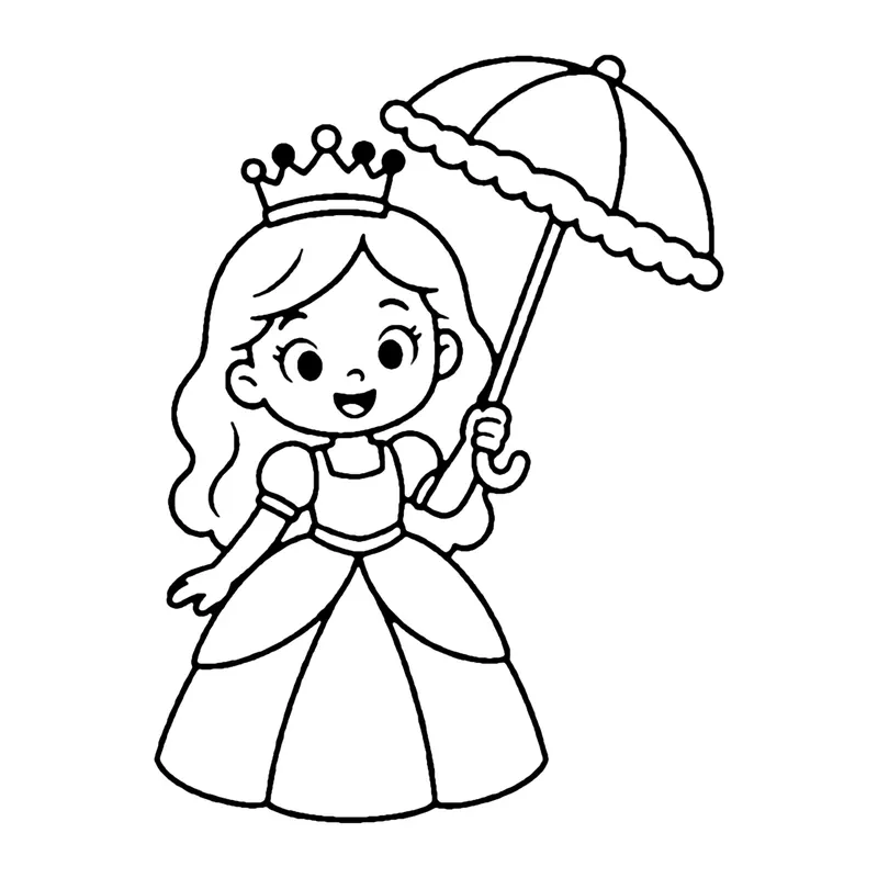 Line drawing of a princess in a crown and ball gown holding a lacy parasol over her shoulder