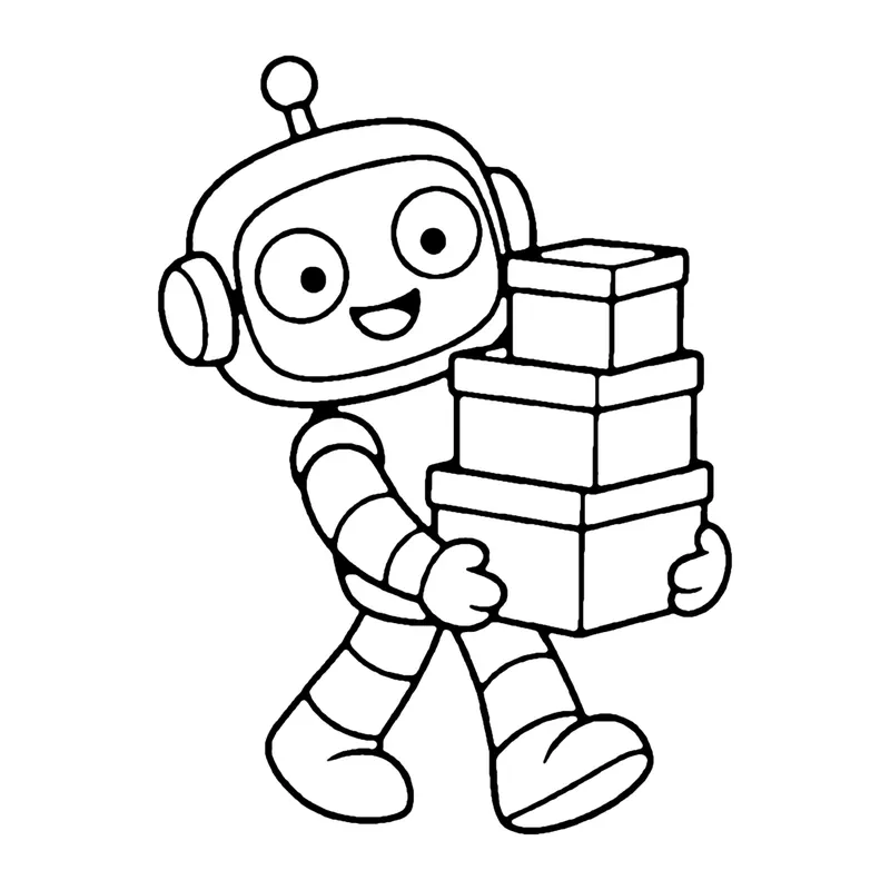 Line drawing of a robot walking while carrying a tall stack of three boxes