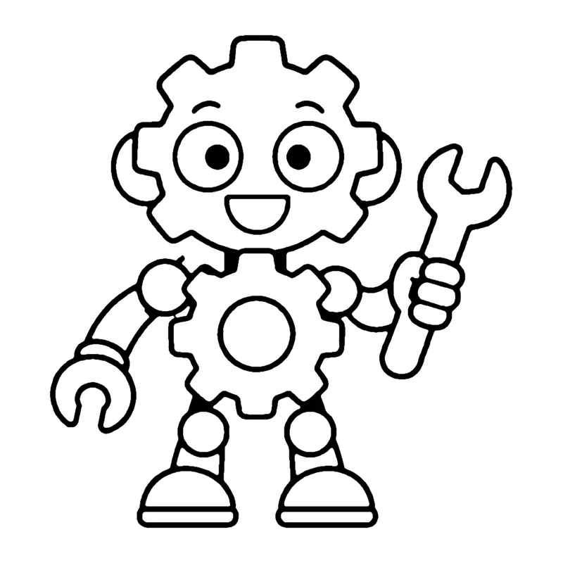 Line drawing of a robot with a gear-shaped head and body holding a wrench