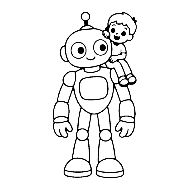 Line drawing of a tall friendly robot giving a smiling child a ride on its shoulder
