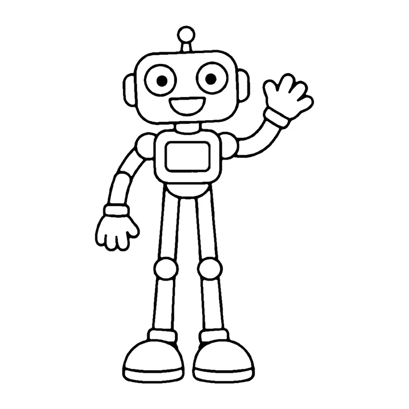 Line drawing of a tall thin robot with very long jointed legs waving one hand