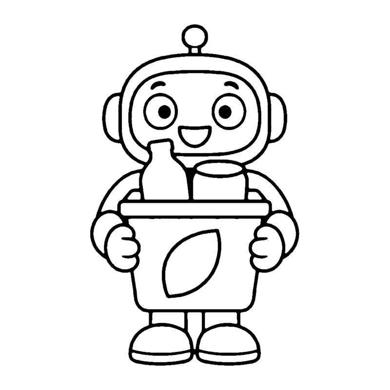 Line drawing of a robot carrying a recycling bin with a leaf symbol, holding a bottle and jar
