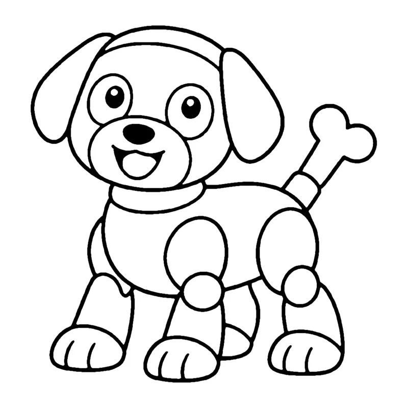 Line drawing of a happy robot dog with floppy ears, jointed legs and a bone-shaped tail