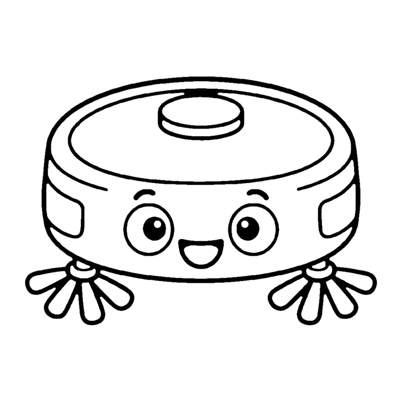 Line drawing of a smiling round robot vacuum cleaner with spinning brushes at its sides