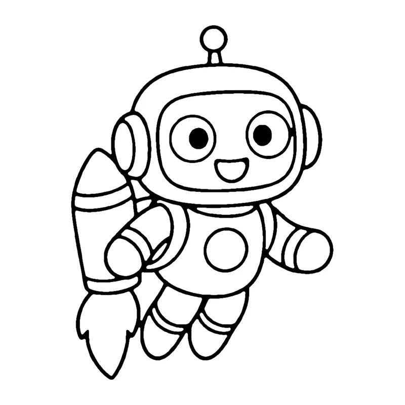 Line drawing of a smiling robot flying with a rocket on its back