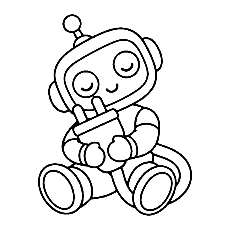 Line drawing of a sleepy robot with closed eyes sitting and hugging its charging plug
