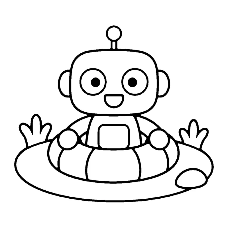Line drawing of a smiling robot floating in a swim ring in a small pool