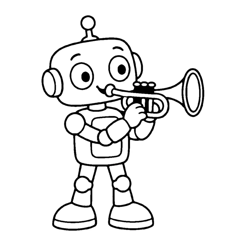 Line drawing of a robot with an antenna playing a trumpet
