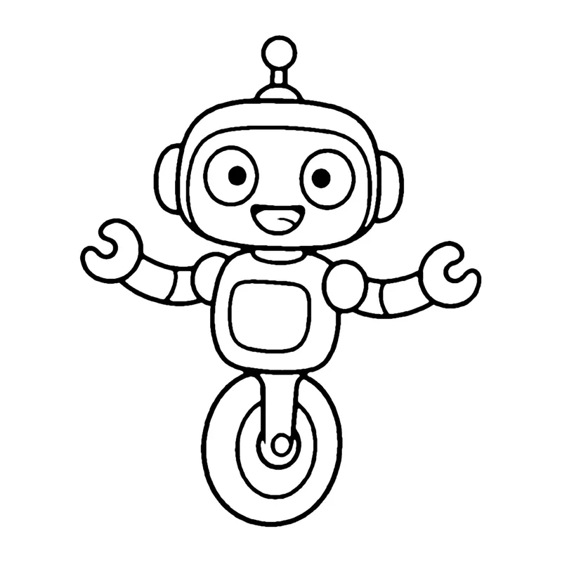 Line drawing of a robot with an antenna and claw hands riding on one big wheel like a unicycle