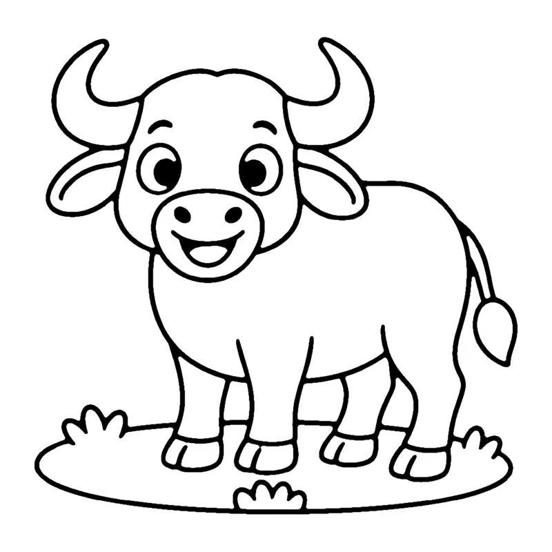 Line drawing of a smiling African buffalo with big curved horns standing on grass