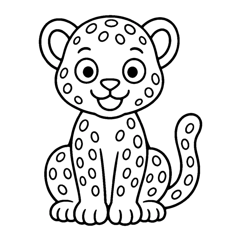 Line drawing of a sitting cheetah covered in spots with a long spotted tail