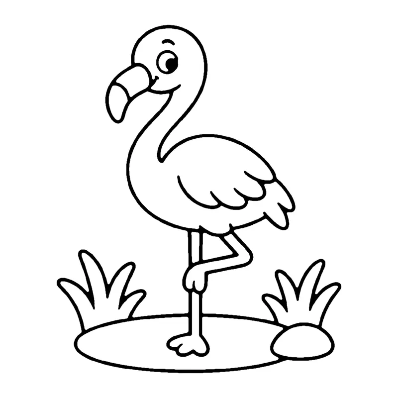 Line drawing of a flamingo standing on one leg beside tufts of grass and a small rock