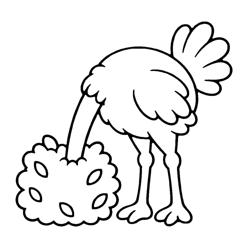 Line drawing of an ostrich with long legs and fluffy tail feathers, head tucked into a round bush