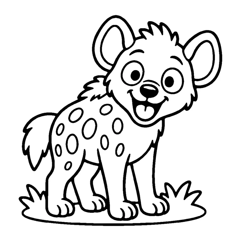 Line drawing of a spotted hyena with round ears and a bushy tail grinning in the grass