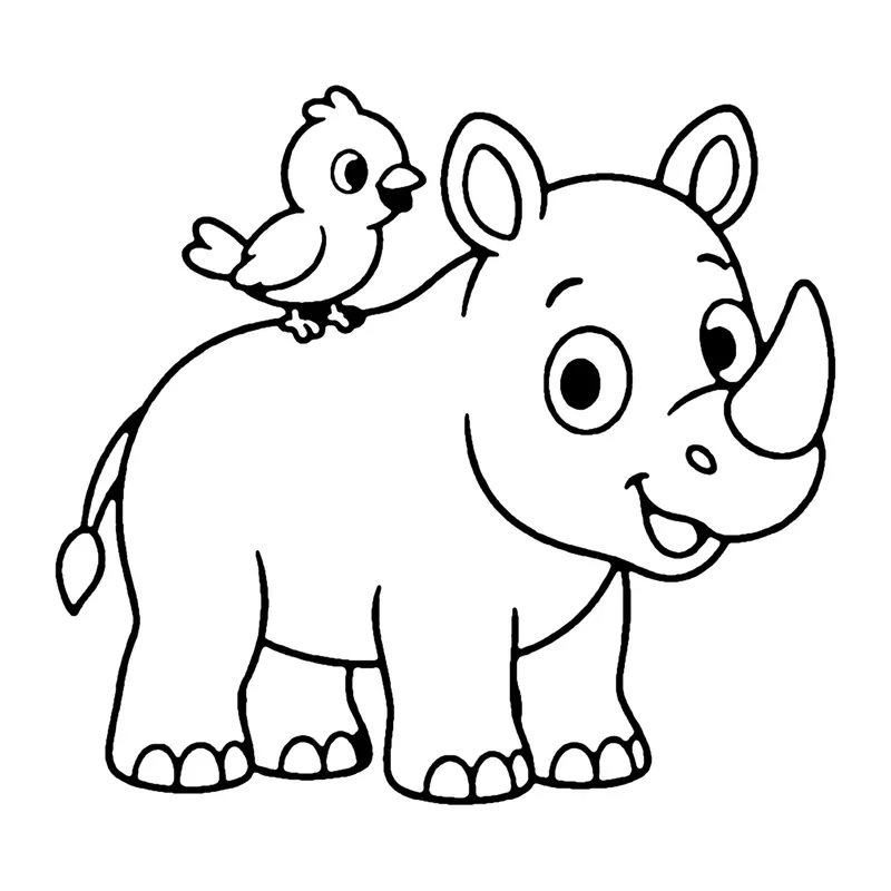 Line drawing of a smiling rhino with a big horn and a small bird perched on its back