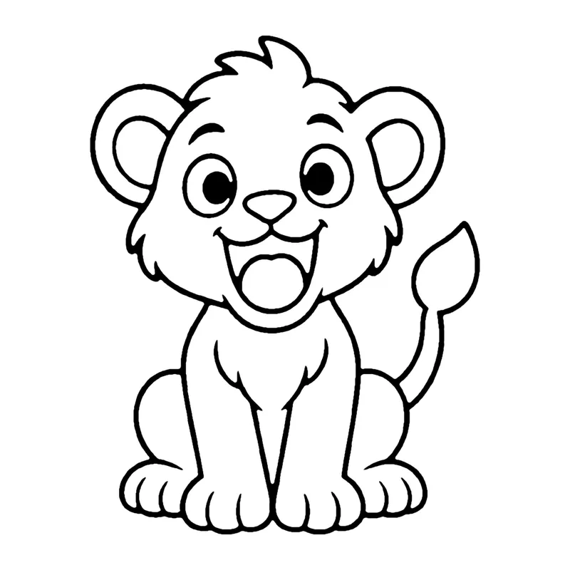 Line drawing of a sitting lion cub with a fluffy mane opening its mouth in a big roar