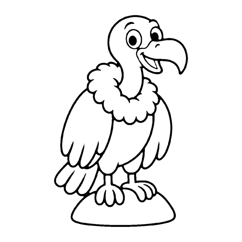 Line drawing of a smiling vulture with a fluffy neck ruff perched on a rock