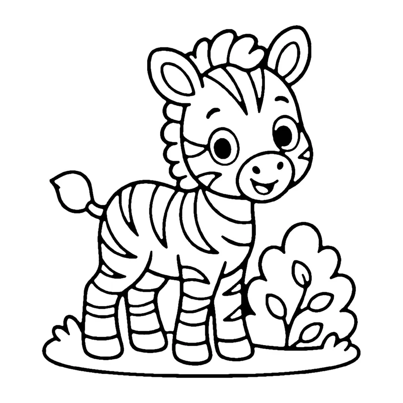 Line drawing of a young zebra with bold stripes standing next to a small bush