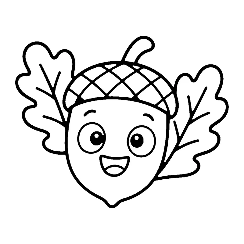 Line drawing of a smiling acorn with a crisscross cap and two oak leaves behind it