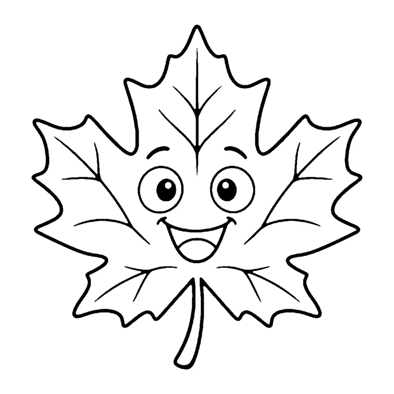 Line drawing of a smiling maple leaf with pointed edges, veins and a short stem