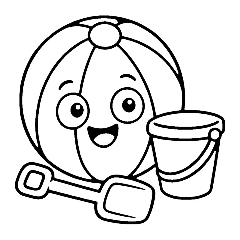 Line drawing of a smiling striped beach ball beside a sand bucket and a small shovel