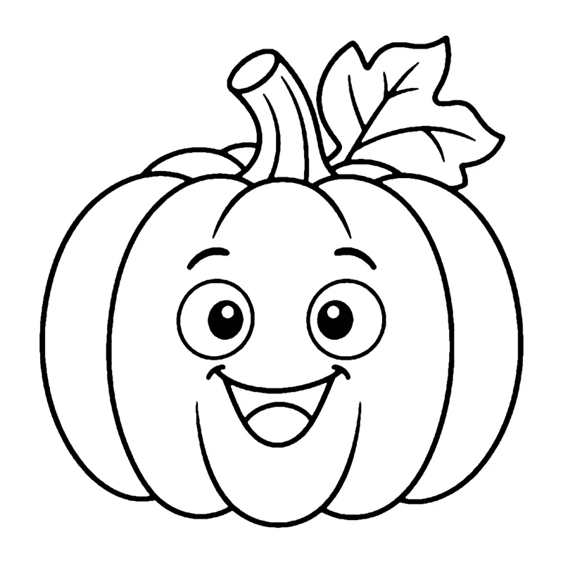 Line drawing of a smiling round pumpkin with a curly stem and one leaf on top