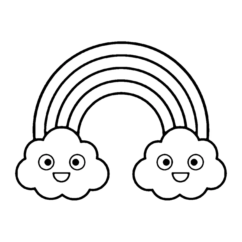 Line drawing of a rainbow arch with a smiling fluffy cloud at each end