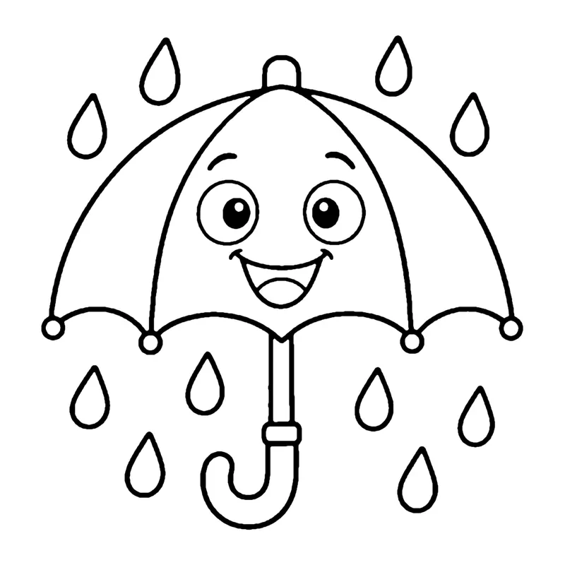 Line drawing of a smiling open umbrella with a curved handle surrounded by falling raindrops