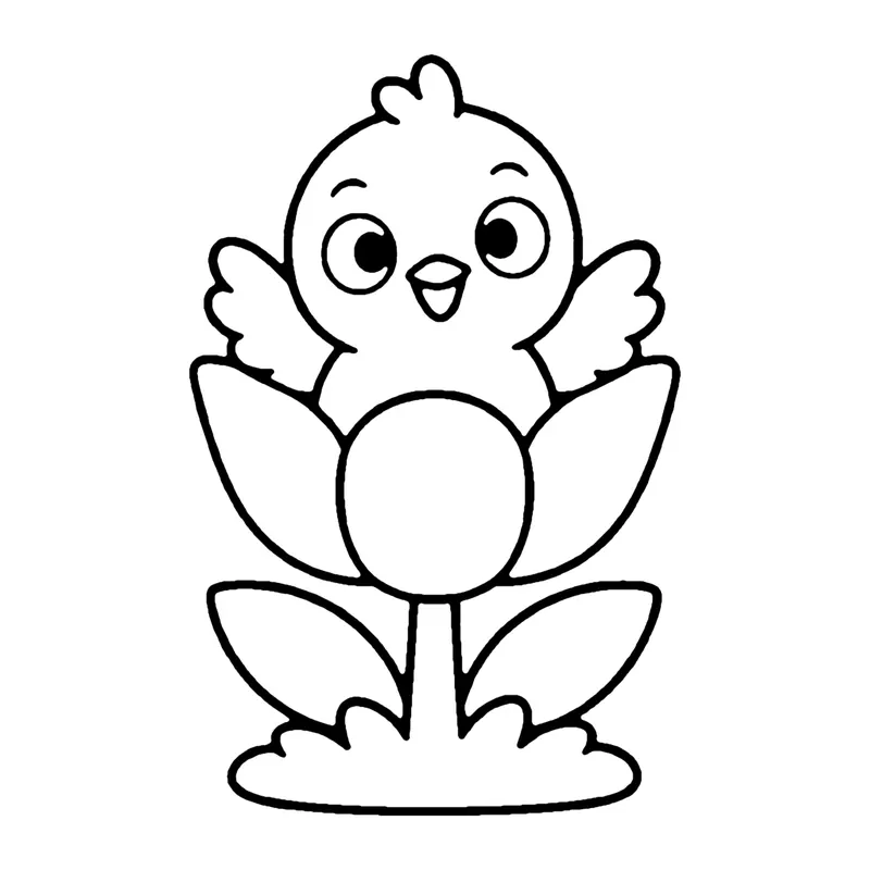 Line drawing of a baby chick with wings up sitting on top of an open flower with leaves
