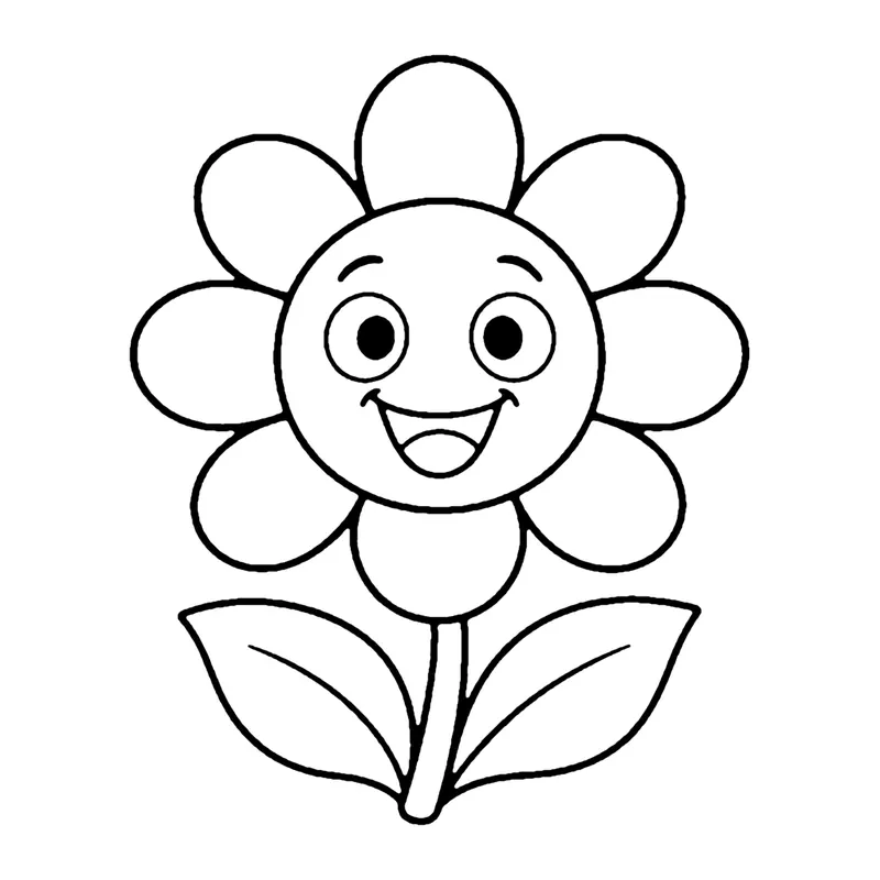 Line drawing of a smiling daisy-style flower with round petals on a stem with two leaves
