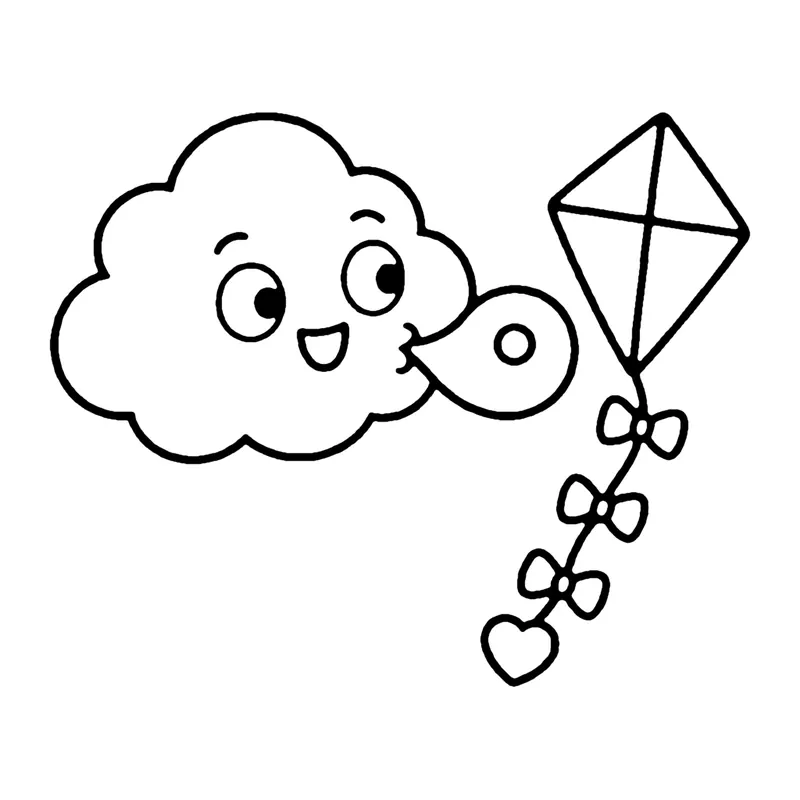 Line drawing of a puffy cloud blowing a gust of wind toward a diamond kite with a bow tail