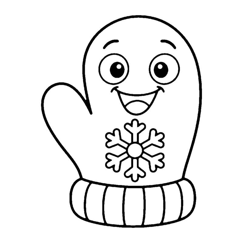 Line drawing of a smiling mitten with a snowflake pattern and a ribbed cuff