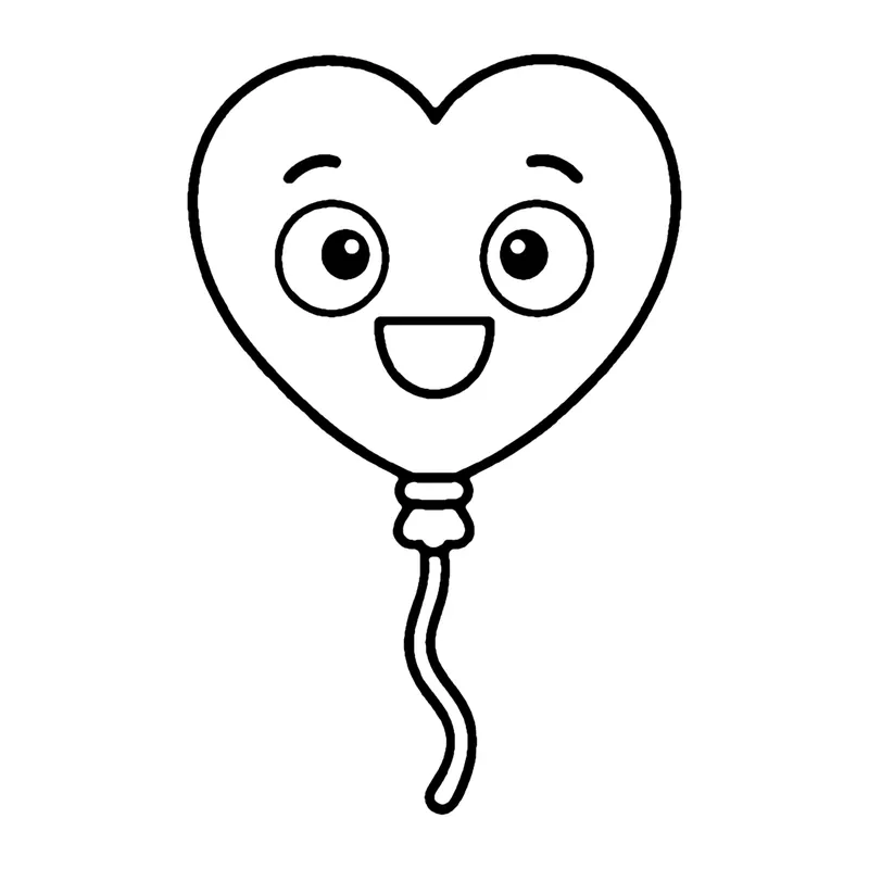 Line drawing of a smiling heart-shaped balloon on a curly string