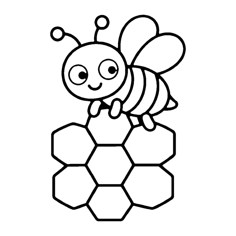 Line drawing of a smiling bee sitting on top of a cluster of hexagon honeycomb cells