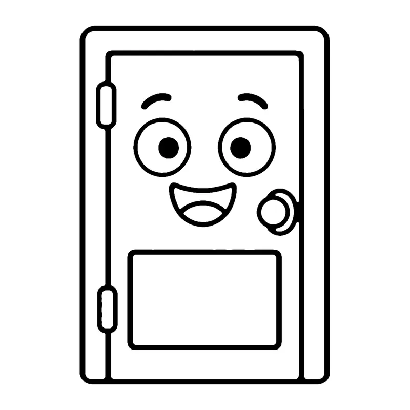Line drawing of a smiling rectangle door with a frame, round knob and panel