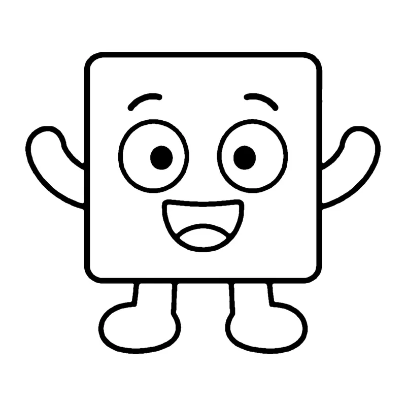 Line drawing of a smiling square with arms and legs